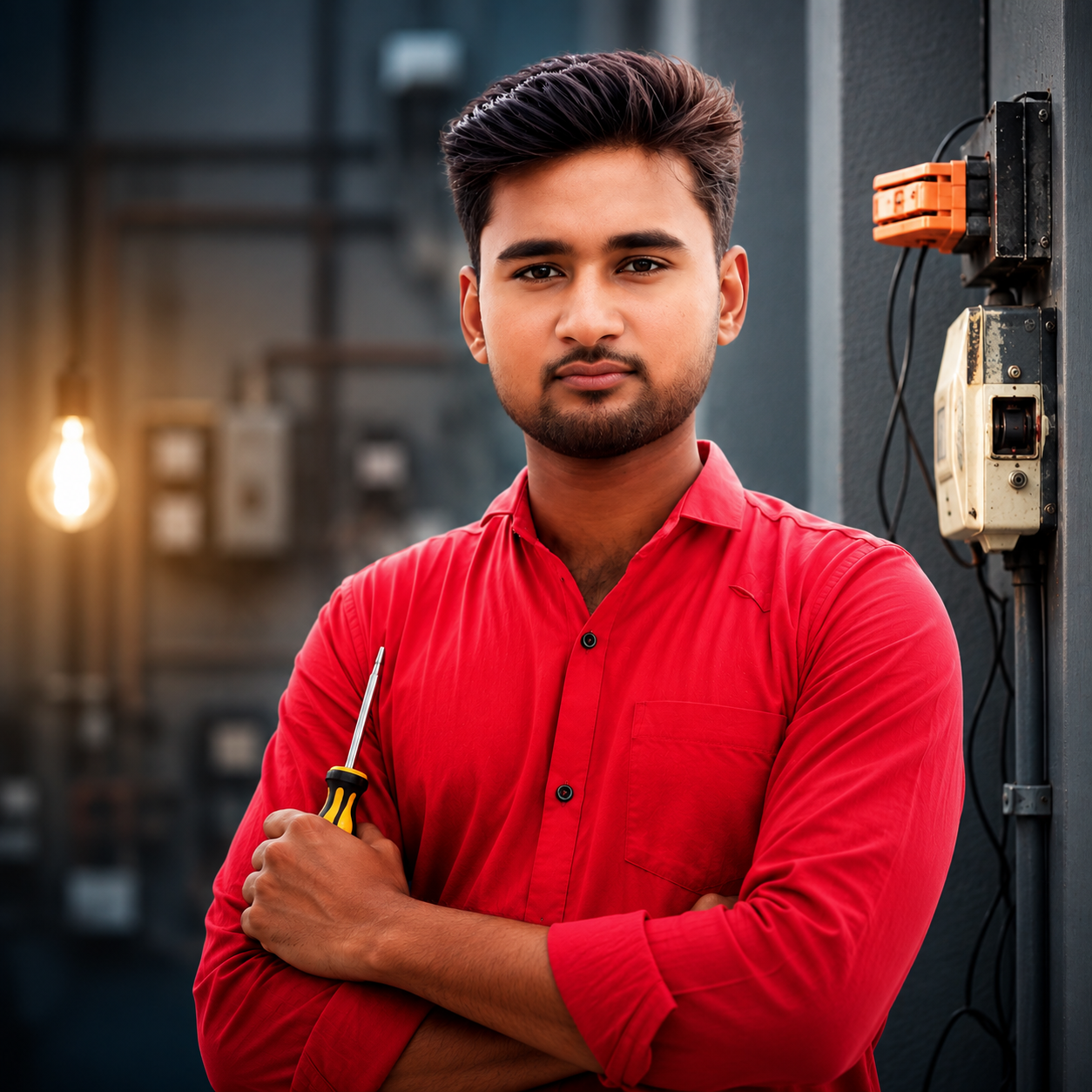 Electrician working on electrical panel